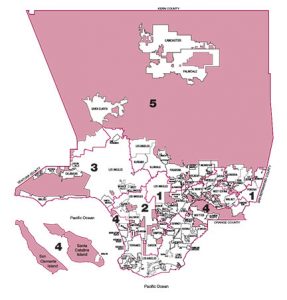 Regional map of Los Angeles differentiating the districts